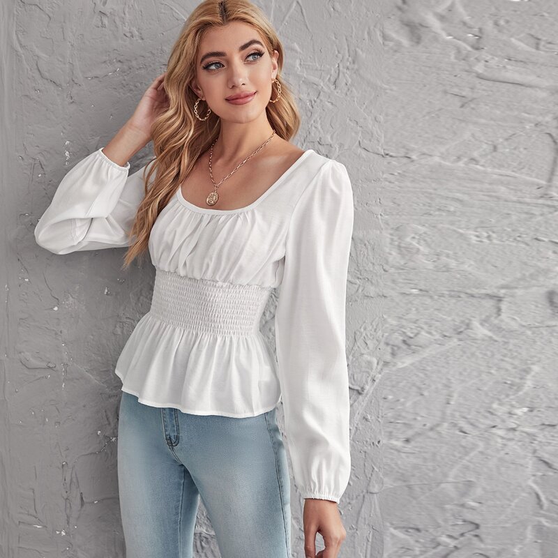 

Shirred Waist Ruffle Hem Smock Blouse, White