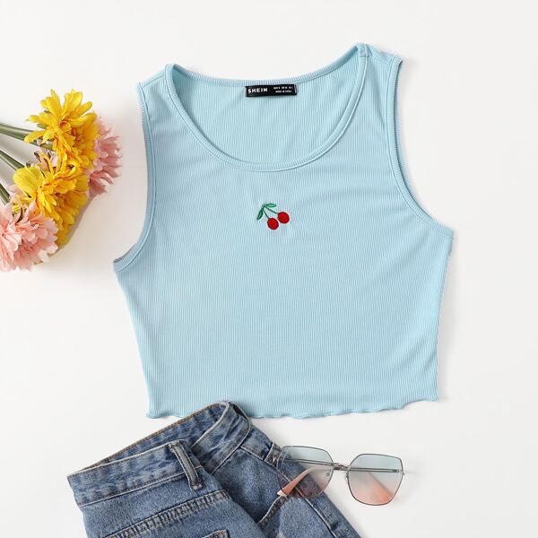 

Cherry Embroidery Rib-knit Tank Top, Pastel baby blue