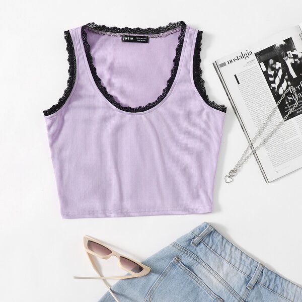 

Lace Trim Rib-knit Tank Top, Lilac purple