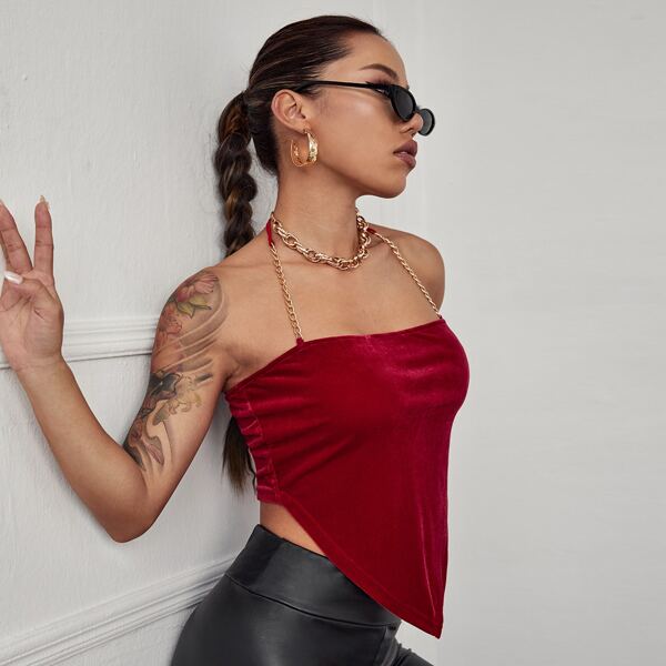 

Chain Detail Velvet Halter Top, Burgundy