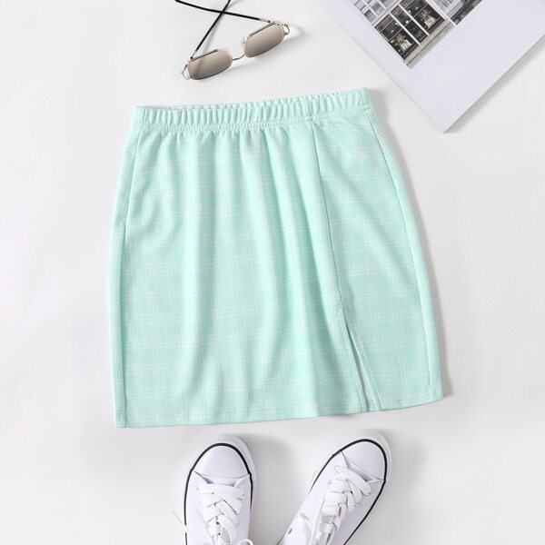 

Split Hem Plaid Skirt, Mint green