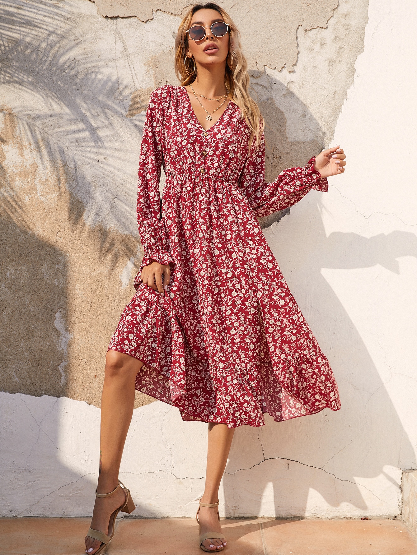 Ditsy Floral Button Front A-line Dress thumbnail