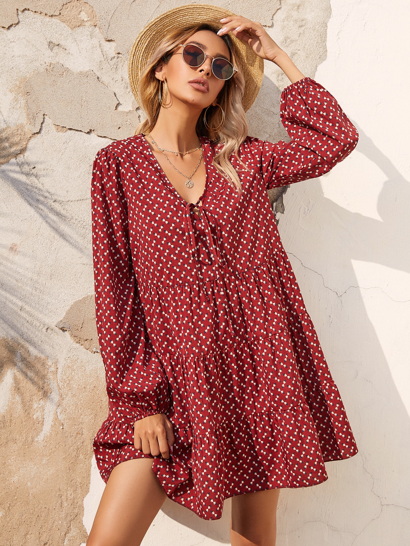 Allover Print Knot Front Smock Dress thumbnail