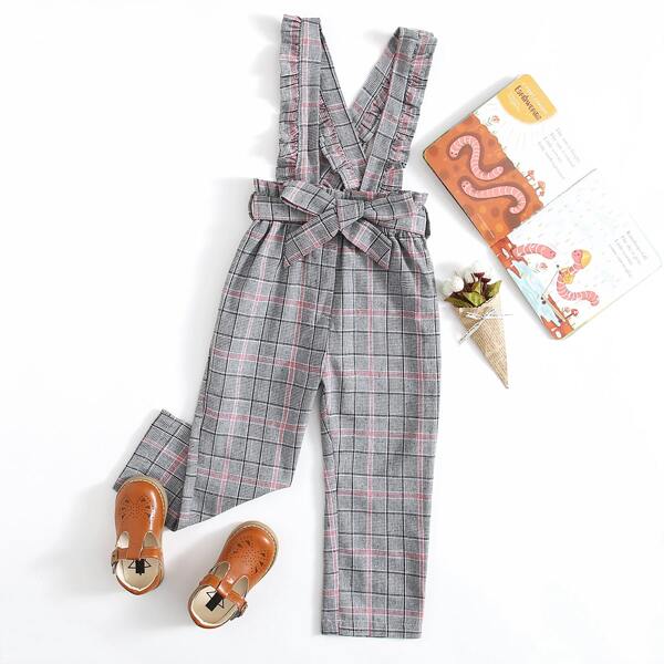 

Toddler Girls Plaid Self Tie Suspender Jumpsuit, Grey