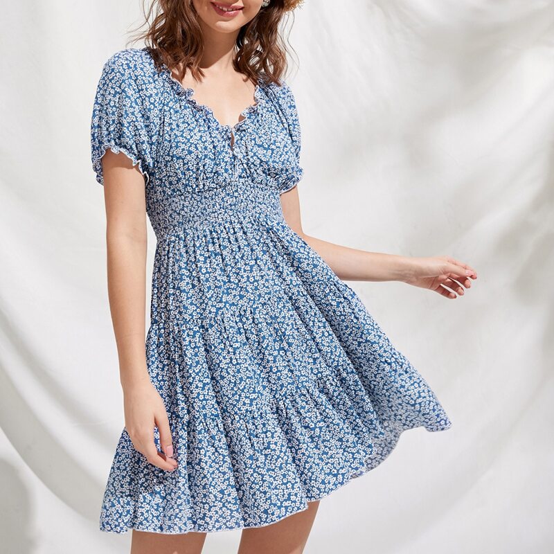 

Ditsy Floral Frill Trim Dress, Blue