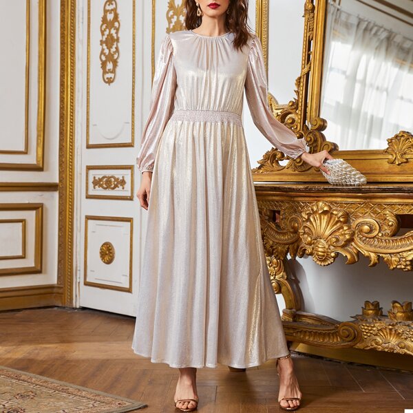 

Puff Sleeve Shirred Waist Metallic Dress, Champagne