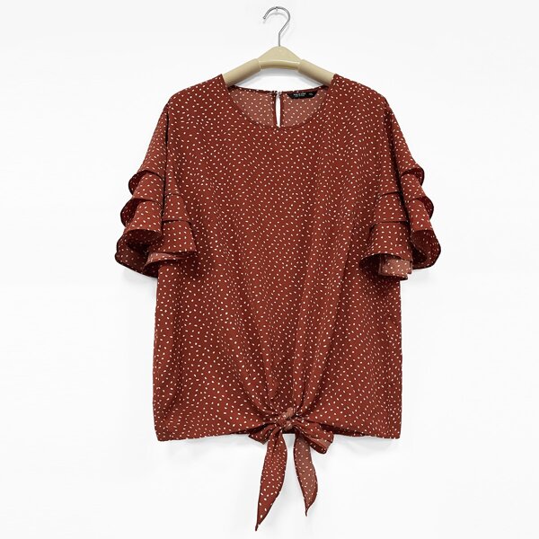 

Plus Layered Sleeve Allover Print Blouse, Burnt orange