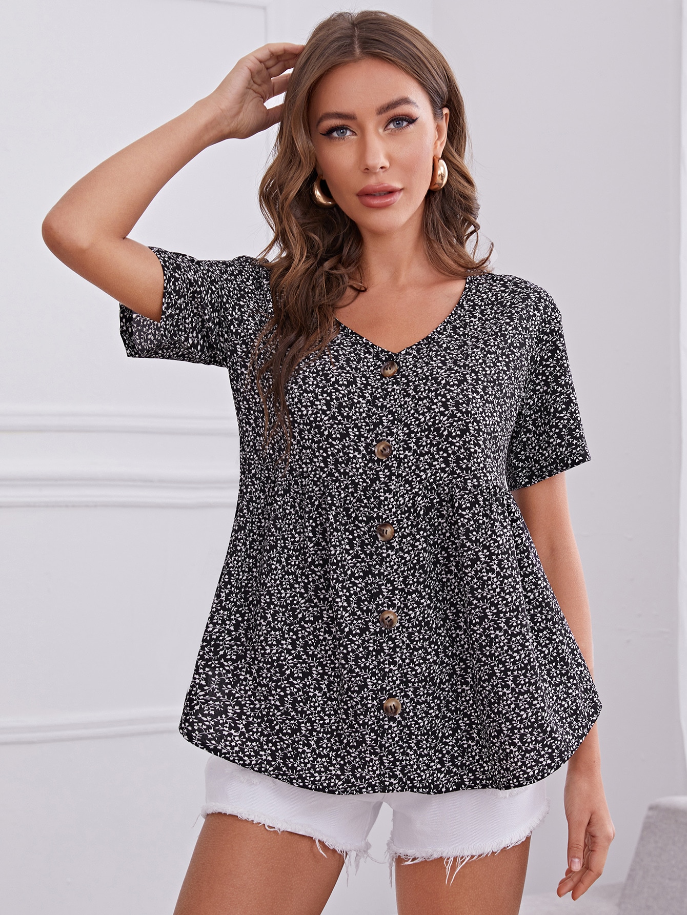 Button Front Plants Print Smock Blouse thumbnail