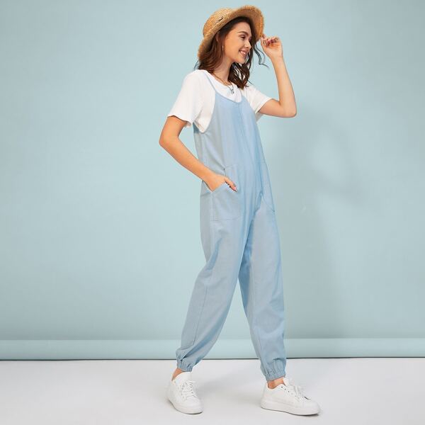 

Pocket Patched Pinafore Jumpsuit Without Tee, Pastel baby blue