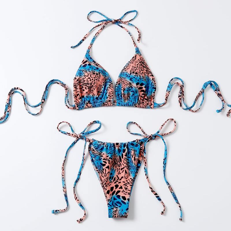 

Leopard Halter Tie Side Bikini Swimsuit, Multicolor
