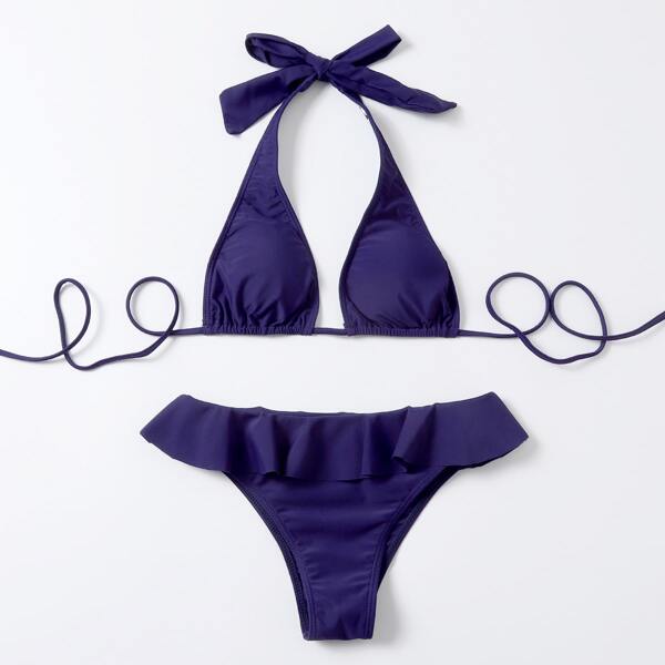 

Ruffle Trim Halter Bikini Swimsuit, Purple