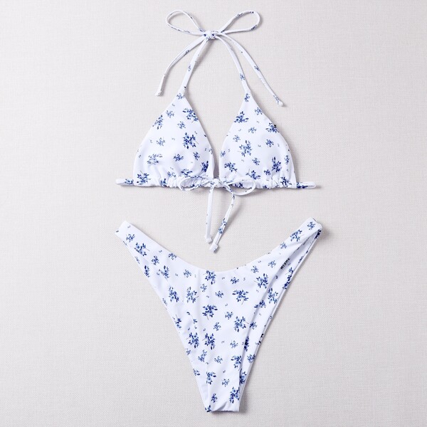 

Ditsy Floral Print Triangle Bikini Swimsuit, Blue and white