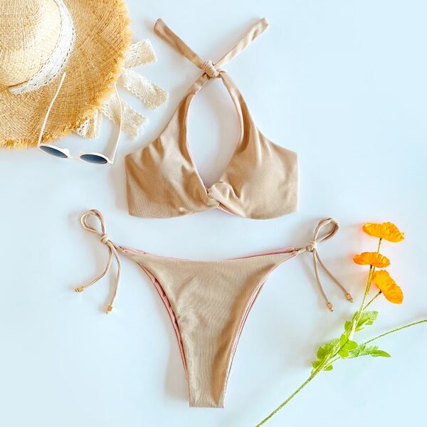 

Rib Twist Tie Side Bikini Swimsuit, Khaki