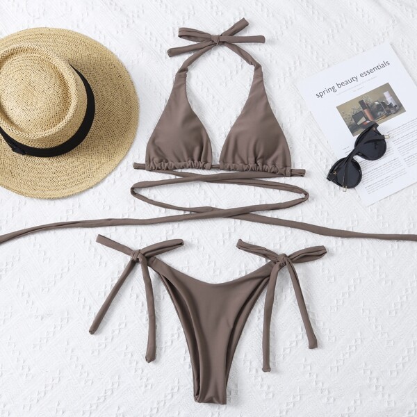 

Crisscross Triangle Tie Side Bikini Swimsuit, Coffee brown
