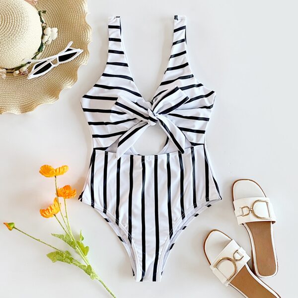 

Striped Cut-out Knot Front One Piece Swimsuit, Black and white