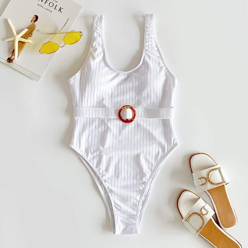

Rib Ring Detail One Piece Swimsuit, White