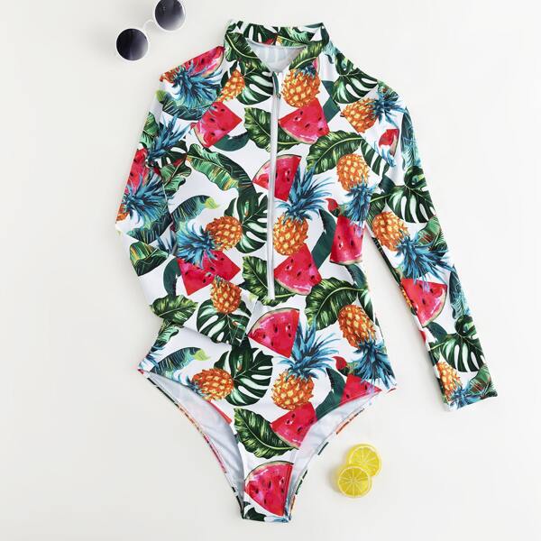 

Tropical & Fruit Print One Piece Swimsuit, Multicolor
