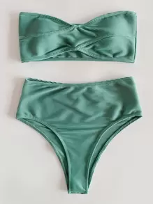SHEIN Swim Summer Beach Mono Bikini Set Rib Bandeau Top & High Waist Bottom 2 Pieces Bikini - Green - View 1