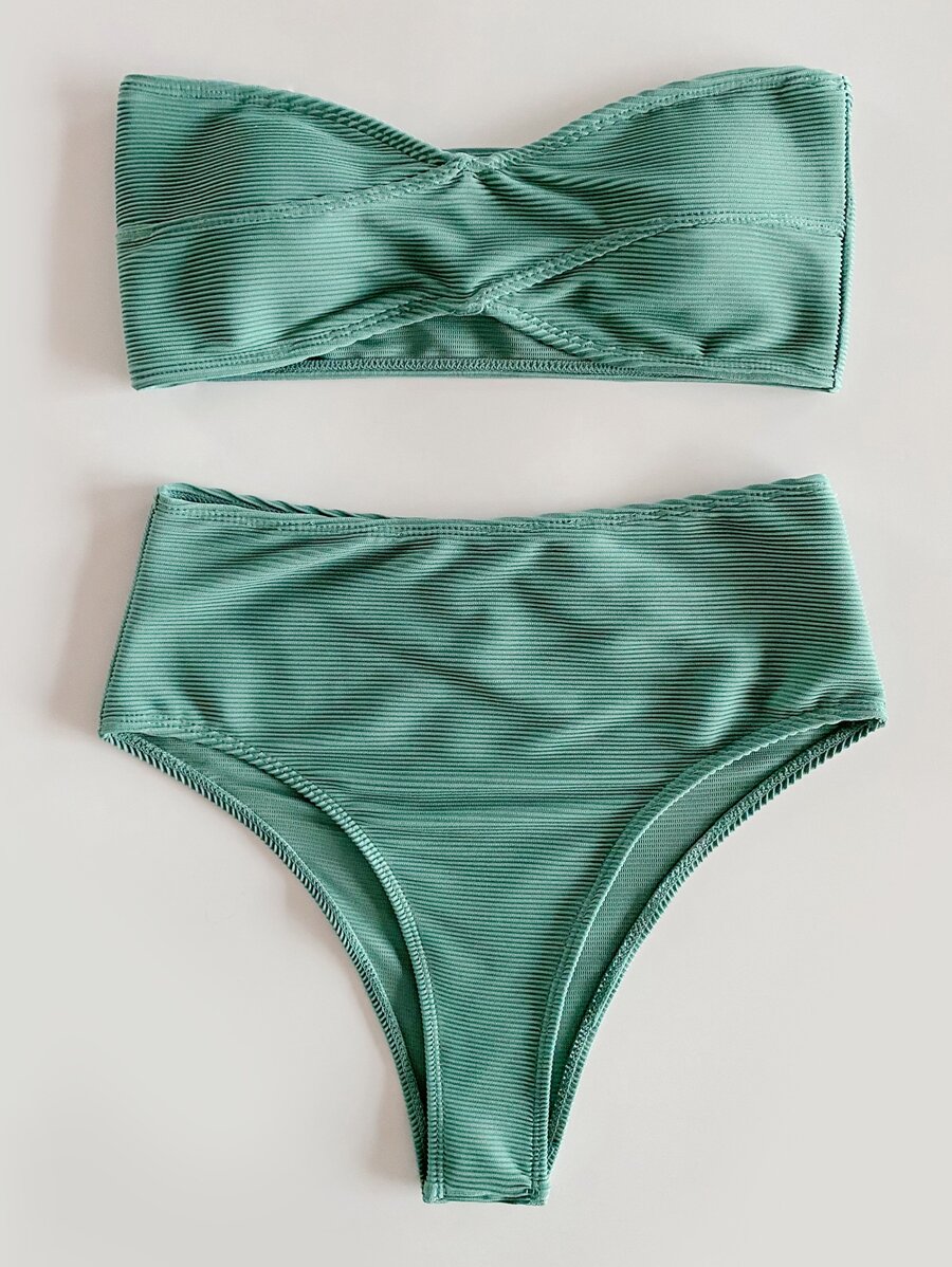 SHEIN Swim Summer Beach Mono Bikini Set Rib Bandeau Top & High Waist Bottom 2 Pieces Bikini - Green - View 1