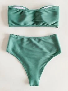 SHEIN Swim Summer Beach Mono Bikini Set Rib Bandeau Top & High Waist Bottom 2 Pieces Bikini - Green - View 2
