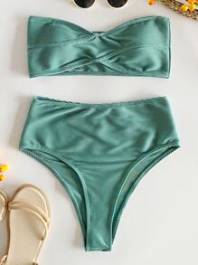 SHEIN Swim Summer Beach Mono Bikini Set Rib Bandeau Top & High Waist Bottom 2 Pieces Bikini - Green - View 3