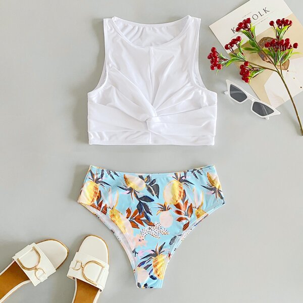 

Pineapple Print Twist Bikini Swimsuit, Multicolor