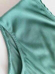 SHEIN Swim Summer Beach Mono Bikini Set Rib Bandeau Top & High Waist Bottom 2 Pieces Bikini - Green - View 4