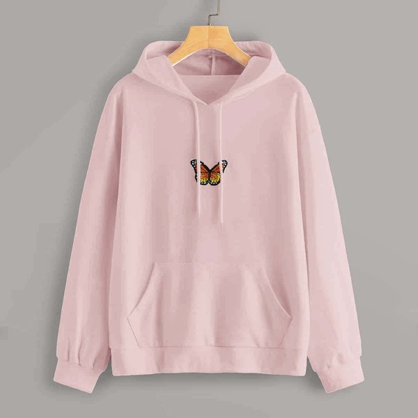 

Butterfly Patched Kangaroo Pocket Drawstring Hoodie, Baby pink