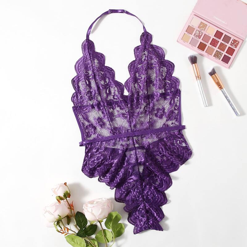 

Floral Lace Halter Teddy Bodysuit, Purple