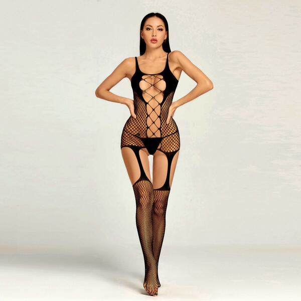 

Sheer Mesh Cut Out Bodystockings, Black