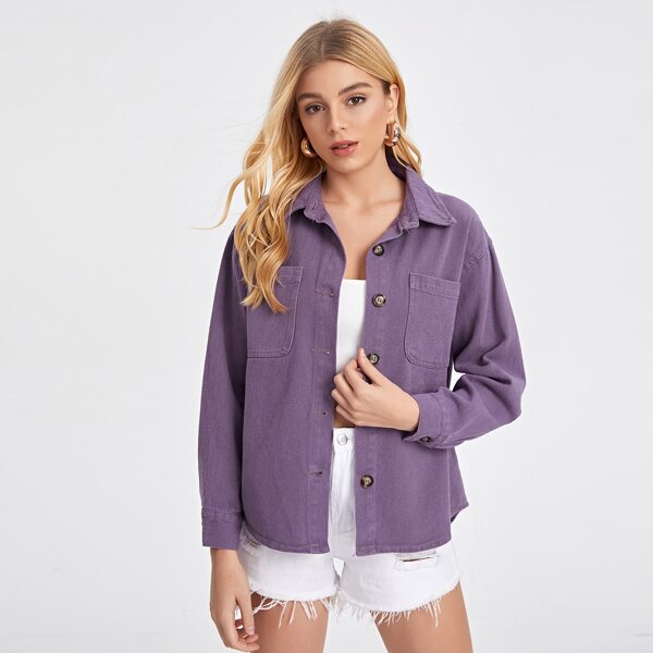

Solid Button Front Curved Hem Denim Top, Purple