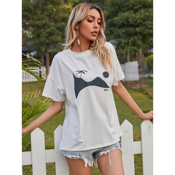 

Graphic Print Drop Shoulder Tee, White