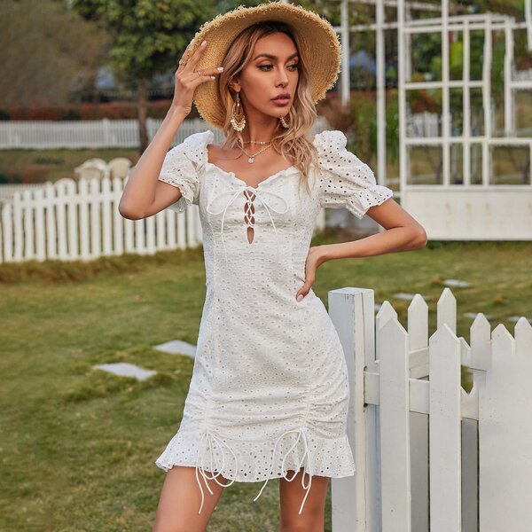 

Lace Up Front Drawstring Ruched Schiffy Dress, White