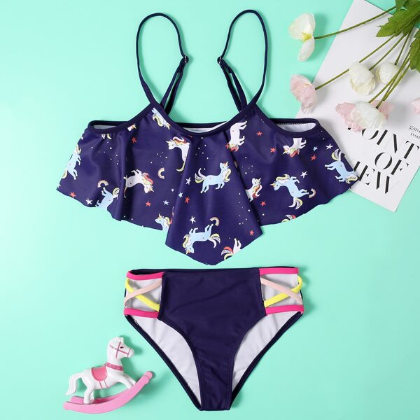 

Girls Unicorn Print Hanky Hem Bikini Swimsuit, Navy blue