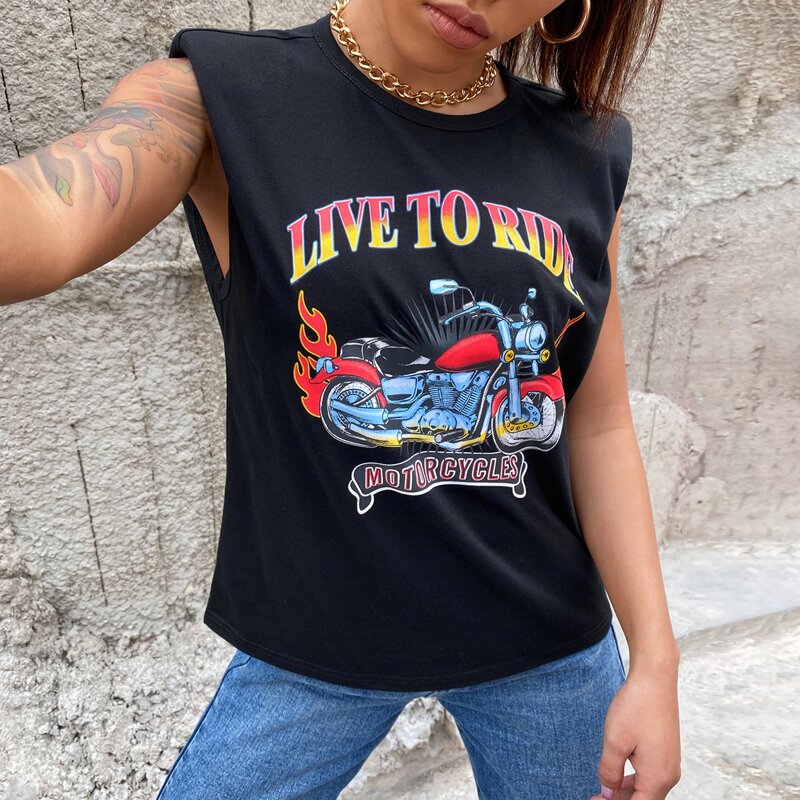 

Motorcycle And Letter Graphic Shoulder Pad Tank Top, Black