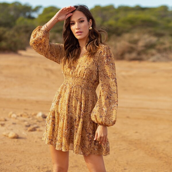 

Lantern Sleeve Shirred Waist Floral Print Dress, Mustard yellow