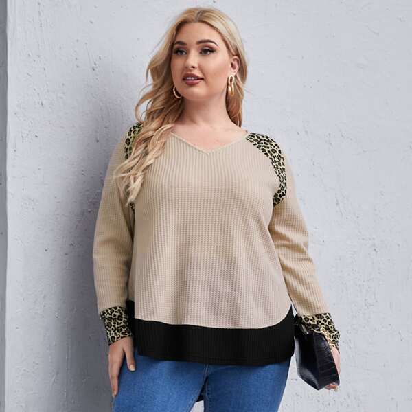 

Plus Leopard Panel Waffle Knit Tee, Khaki