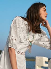 SHEIN VCAY Vestido panel con encaje guipure ribete fruncido con botón - Blanco - Ver 2