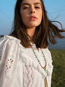 SHEIN VCAY Vestido panel con encaje guipure ribete fruncido con botón - Blanco - Ver 4