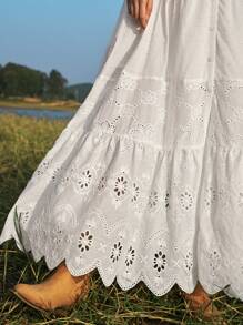 SHEIN VCAY Vestido panel con encaje guipure ribete fruncido con botón - Blanco - Ver 5