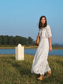 SHEIN VCAY Vestido panel con encaje guipure ribete fruncido con botón - Blanco - Ver 7