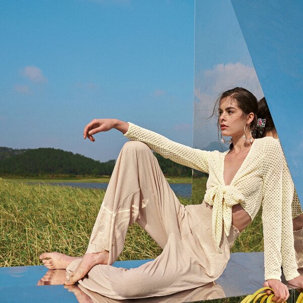 

Shirred Waist Wide Leg Pants, Apricot
