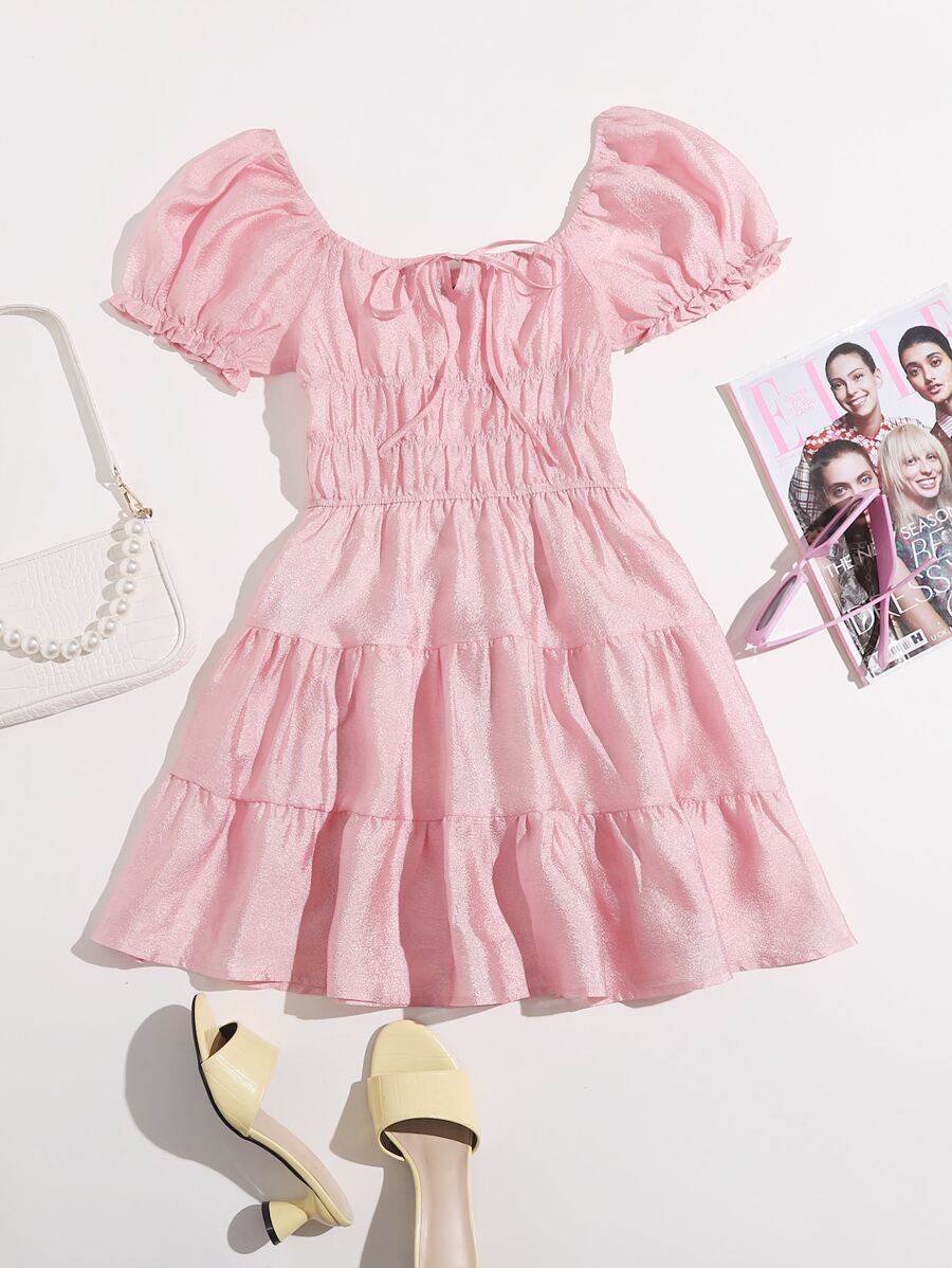 SHEIN Ruched Frill Cuff Knot Front Dress - Baby Pink - View 1