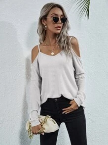 Camiseta tejida waffle de hombros descubiertos - Blanco - Ver 1