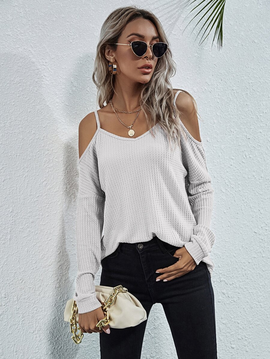 Camiseta tejida waffle de hombros descubiertos - Blanco - Ver 1