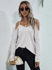 Camiseta tejida waffle de hombros descubiertos - Blanco - Ver 3