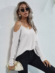Camiseta tejida waffle de hombros descubiertos - Blanco - Ver 4
