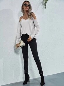 Camiseta tejida waffle de hombros descubiertos - Blanco - Ver 5