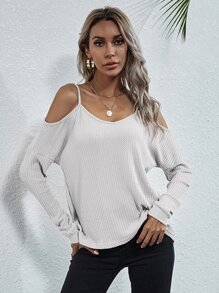 Camiseta tejida waffle de hombros descubiertos - Blanco - Ver 6