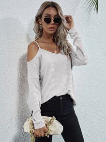 Camiseta tejida waffle de hombros descubiertos - Blanco - Ver 7